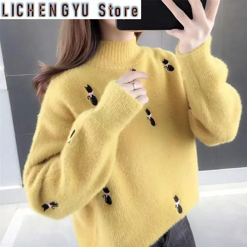 

Fashion Stand Collar Knitted Embroidery Sweaters Women's Clothing Autumn Winter Oversized Casual Pullovers Commuter Tops