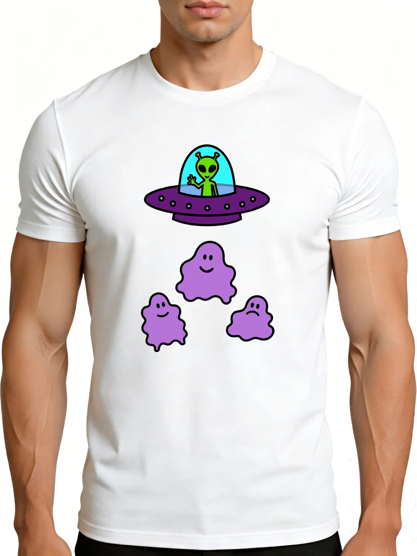 Men's Plain Graphic T-Shirt - Breathable, Soft, Lightweight - Alien Ufo Purple Ghost Smile - Retro Fun Graphic Casual Short Sleeve Summer Top, Gift for Him
