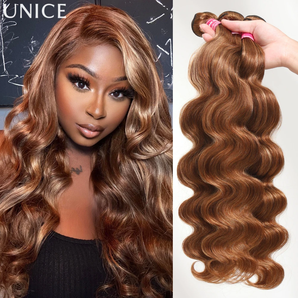 Extensiones de Cabello Humano 100% Natural UNice, Ondulado, con Reflejos Marrón Rubio, 1/3/4 Paquetes de 100 Gramos Cada Uno, para Coser
