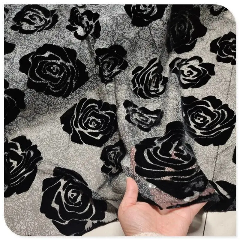 

Spring and Summer Silk Bottom Cloth Hollow Black Rose Real Velvet Flock Fabric Shirt Cheongsam Dress