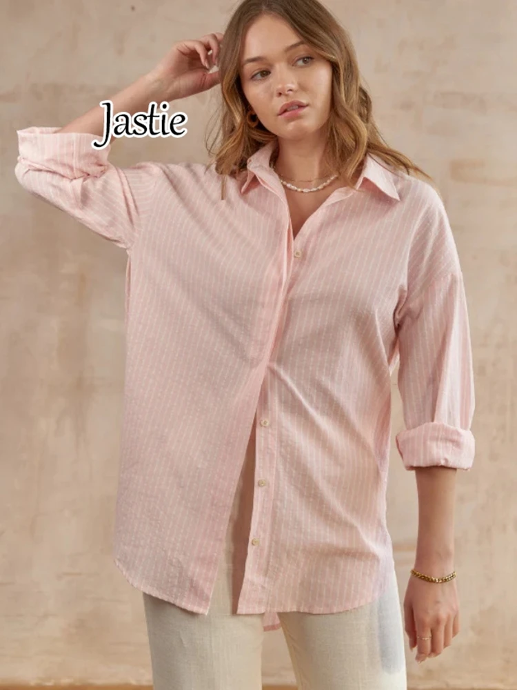 Jastie 2024 Spring Summer Striped Women's Shirt Loose Cotton Lapel Long Sleeve Shirts Tops Ladies Casual Blouse Women Tops