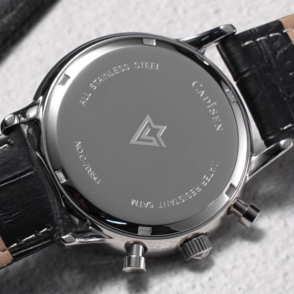 CADISEN Men Watch Quartz Luxury Brands MIYOTA 0S11 Movement Chronograph Sunburst Salmon Dial AR Coated Glass Waterproof Watches