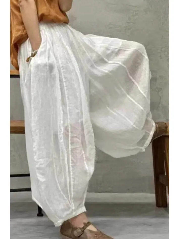 Slimming Summer Thin Breathable Linen Wide Leg Knife Pants Casual Pants Women's Lantern Pants Artistic Patchwork Drapey Sle