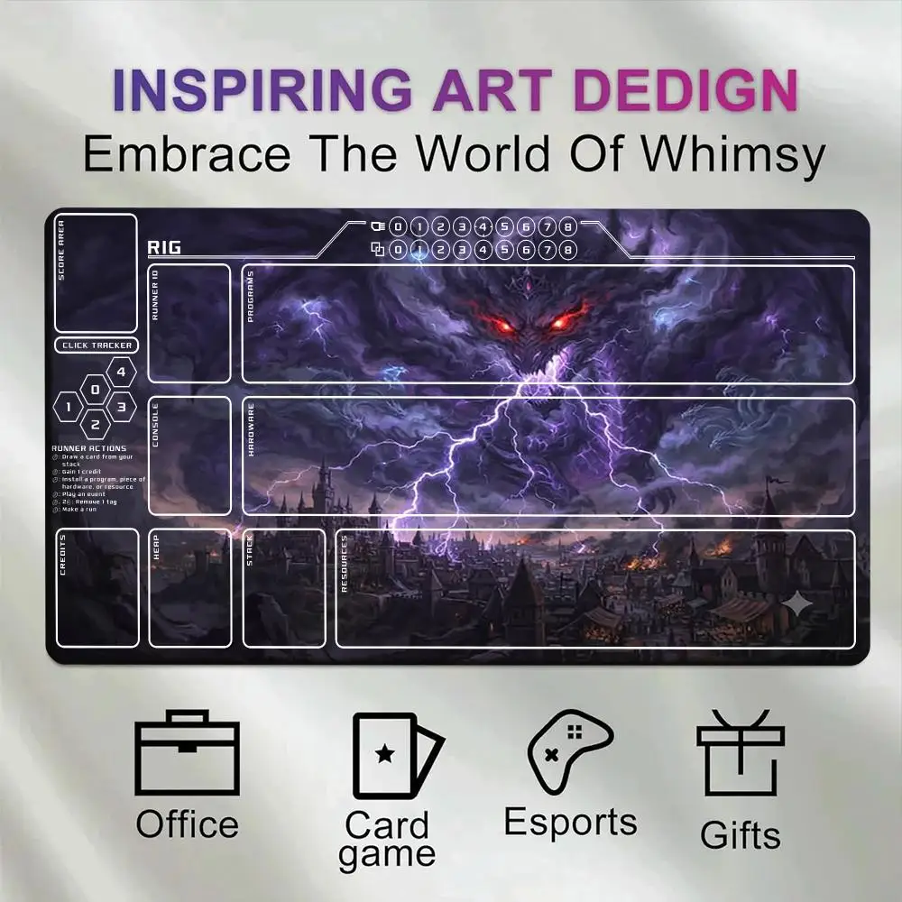Red Eyes Purple Thunder Storm Dragon TCG Playmat With Full Game Zones Non-Slip Rubber Dark Castle Fantasy Trading Card Table Mat