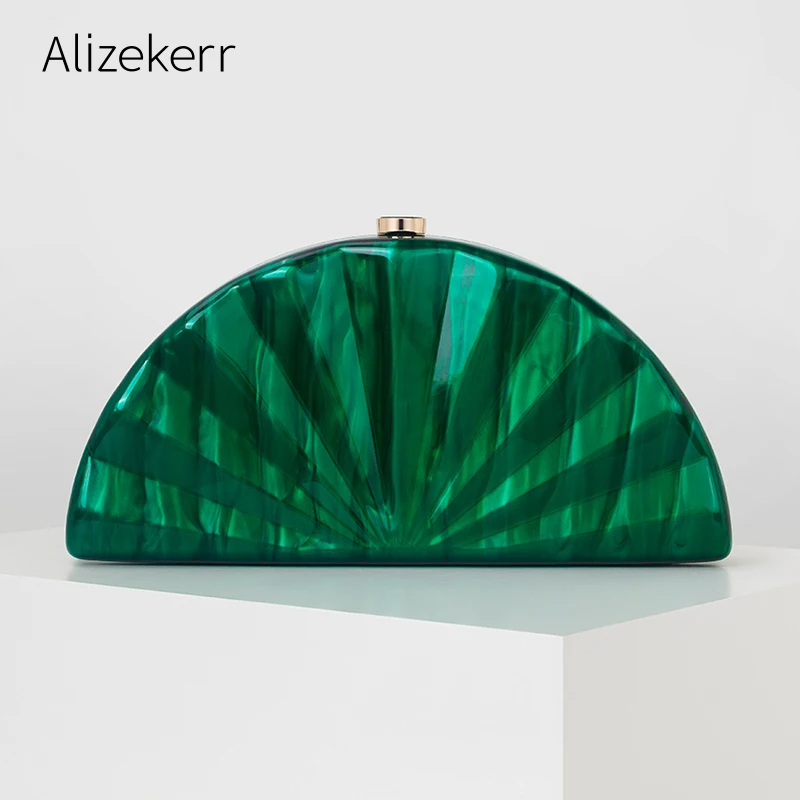 Alizekerr Half Round Acrylic Box Evening Handbags Women Boutique Elegant Fan Shaped Clutch Purses Wedding Party Crossbody Bags