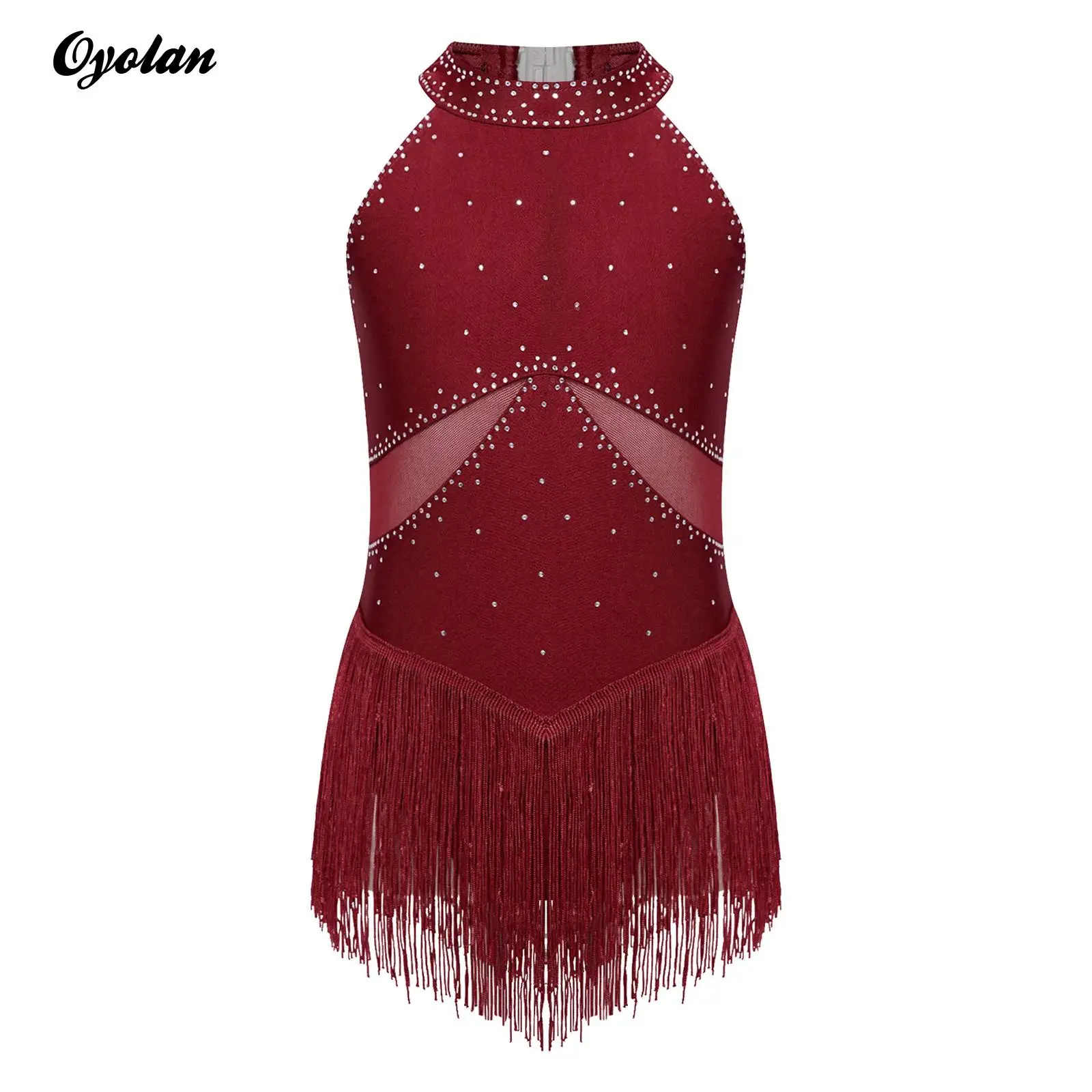 Girls Glittery Rhinestones Ballet Jersey Costumes Rhythmic Gymnastics Artistic Skating Dress Tassel Tight Fitting Bodysuit