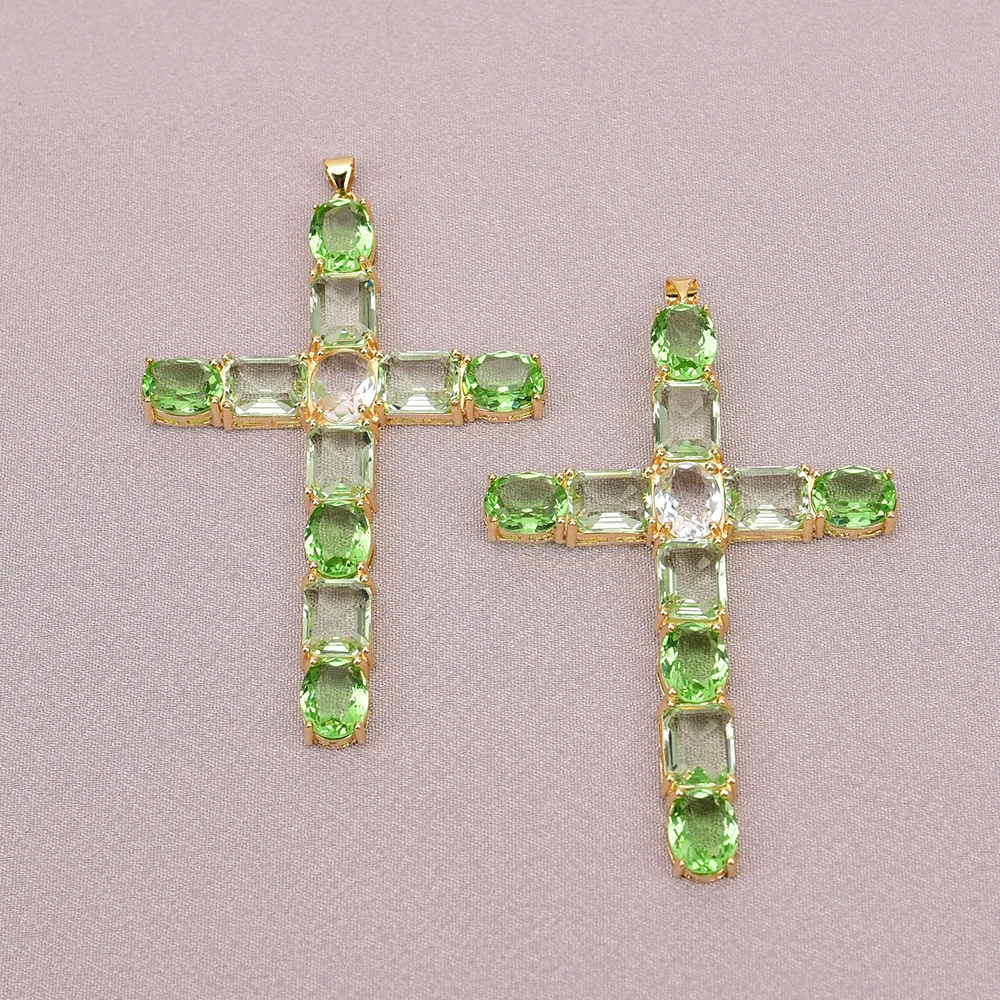 

APDGG N108 2 Pcs Gold Plated Jewelry Inlaid Light Green Color Crystal Cross Pendant Necklace Making DIY
