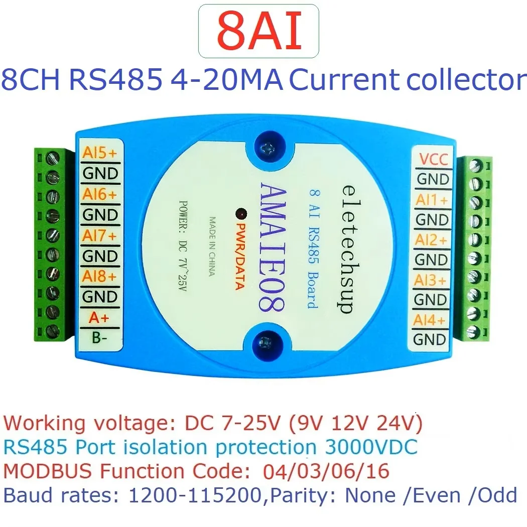 

AMAIE08 8-канальный 4-20MA/0-20MA к RS485 модуль коллектора тока MODBUS RTU плата для шунтирующего датчика давления потока Холла