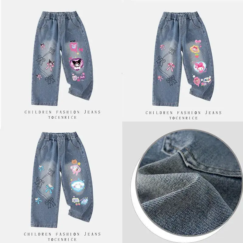 Kawaii Sanrios Jeans Cartoon Kuromi Children's Versatile Pants Korean Cute Cinnamoroll Girls Spring Fall Elastic Waist Trousers