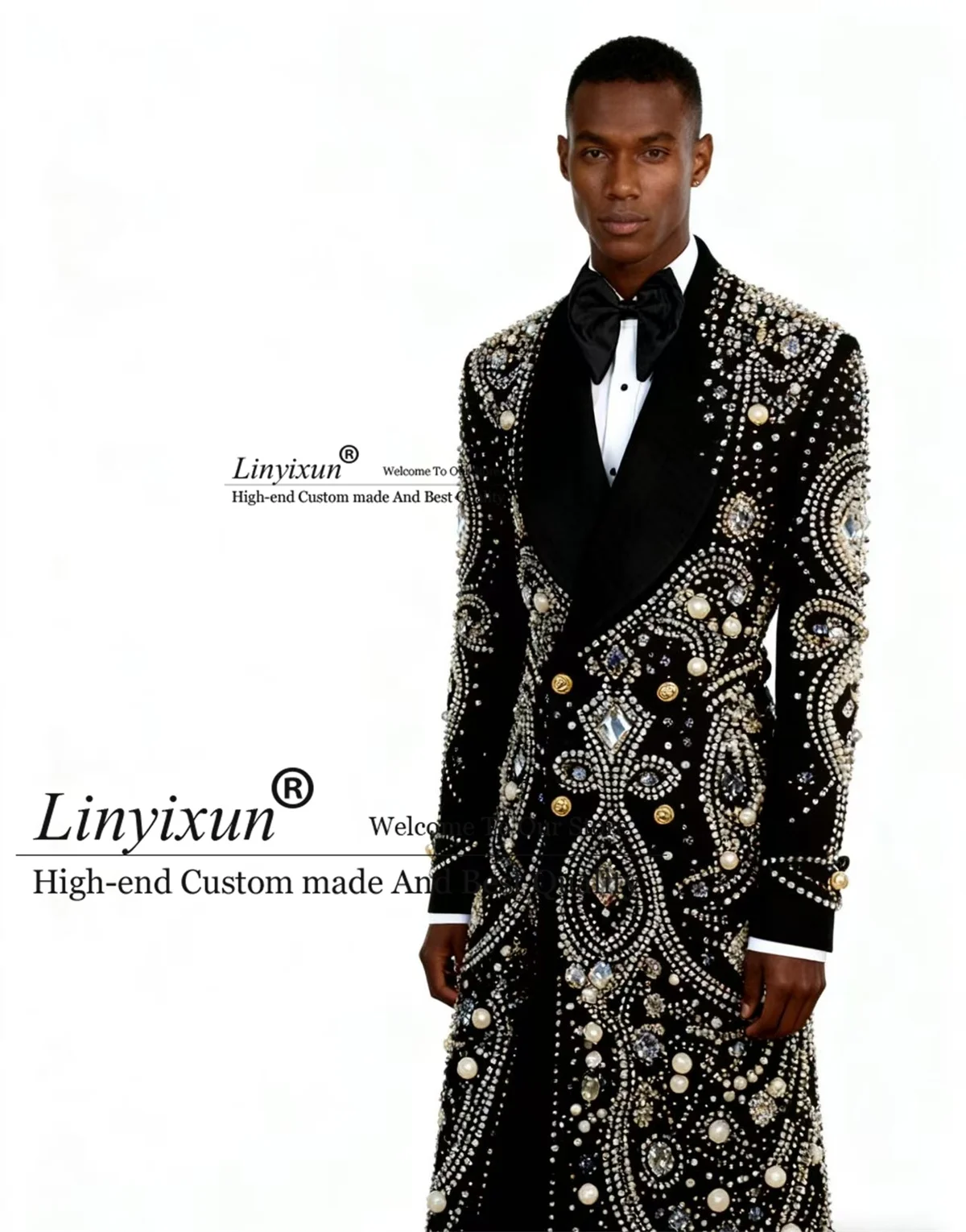 Glitter Metal Embellished Men Suits 2 Pieces Sets Male Party Prom Blazers Customized Groom Tuxedos Long Coat Pants Ropa Hombre