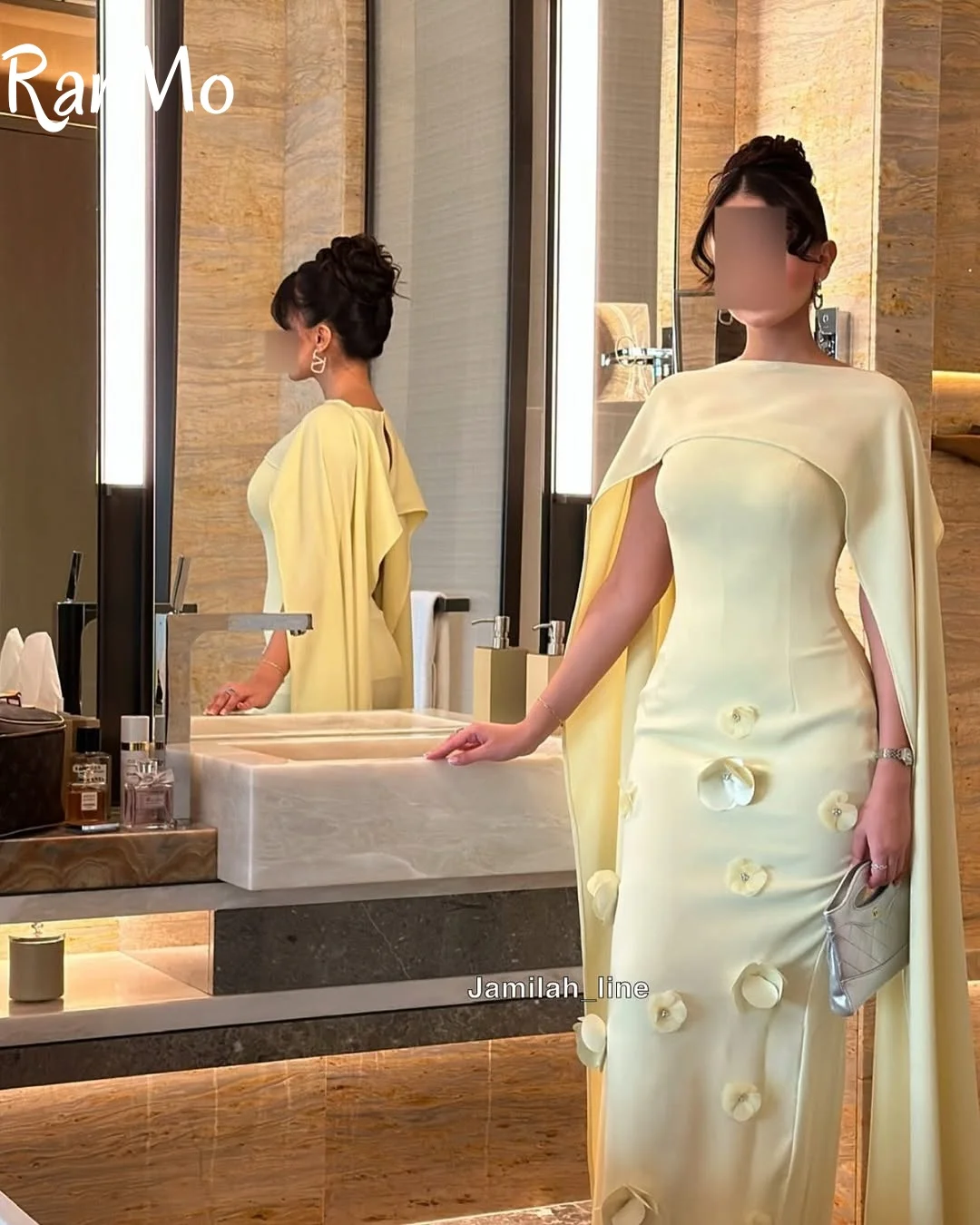 Ranmo 2025 Elegant Light สีเหลือง Mermaid ชุดราตรียาวผ้าคลุมไหล่ 3D ดอกไม้ดูไบคําที่กําหนดเอง Party Gowns