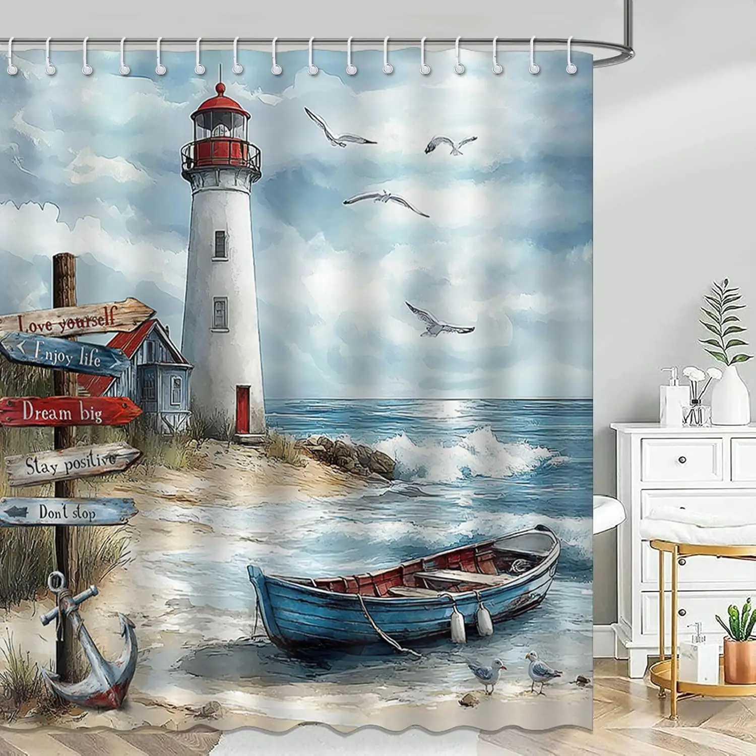 

Nautical Coastal Shower Curtain Ocean Beach Lighthouse Bathroom Shower Curtain Seaside Nautical Coastal Waterproof Fabric Shower