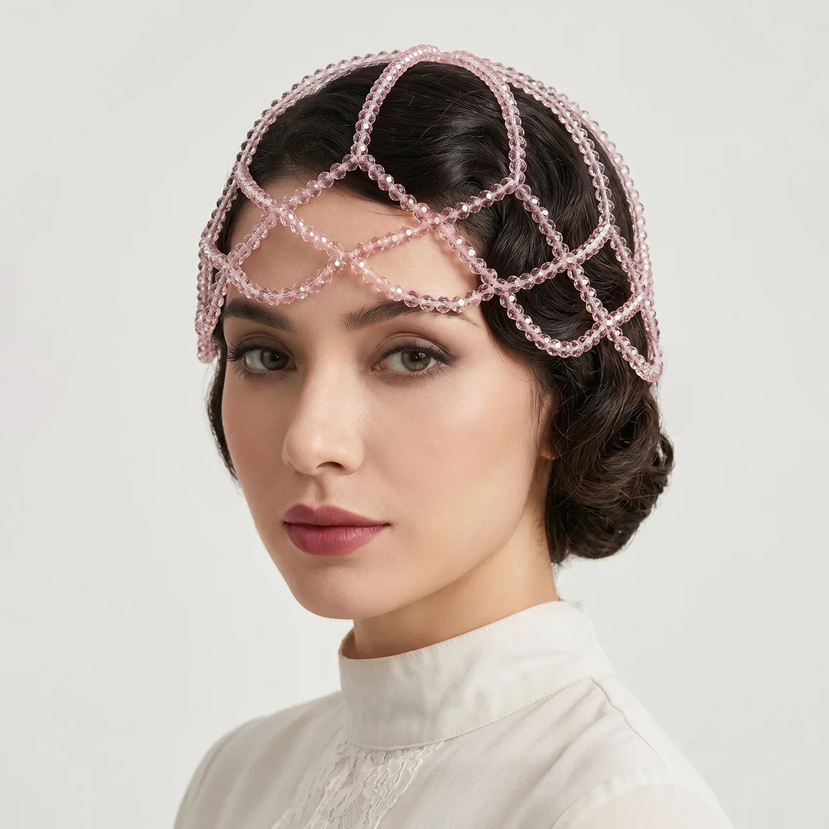SLBRIDAL Handgefertigtes Charm-Netz mit Kristallperlen-Tropfen, Perlenbesetztes Haarnetz, Braut-Haaraccessoires für Frauen und Mädchen, Kopfschmuck – Detail 8