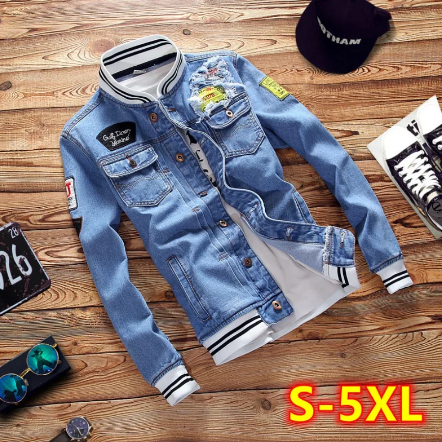 Jaket Denim pria, jaket Denim pria baru 2024, pakaian jins koboi, jaket Windbreaker kasual, mantel Bomber Denim robek trendi untuk pria