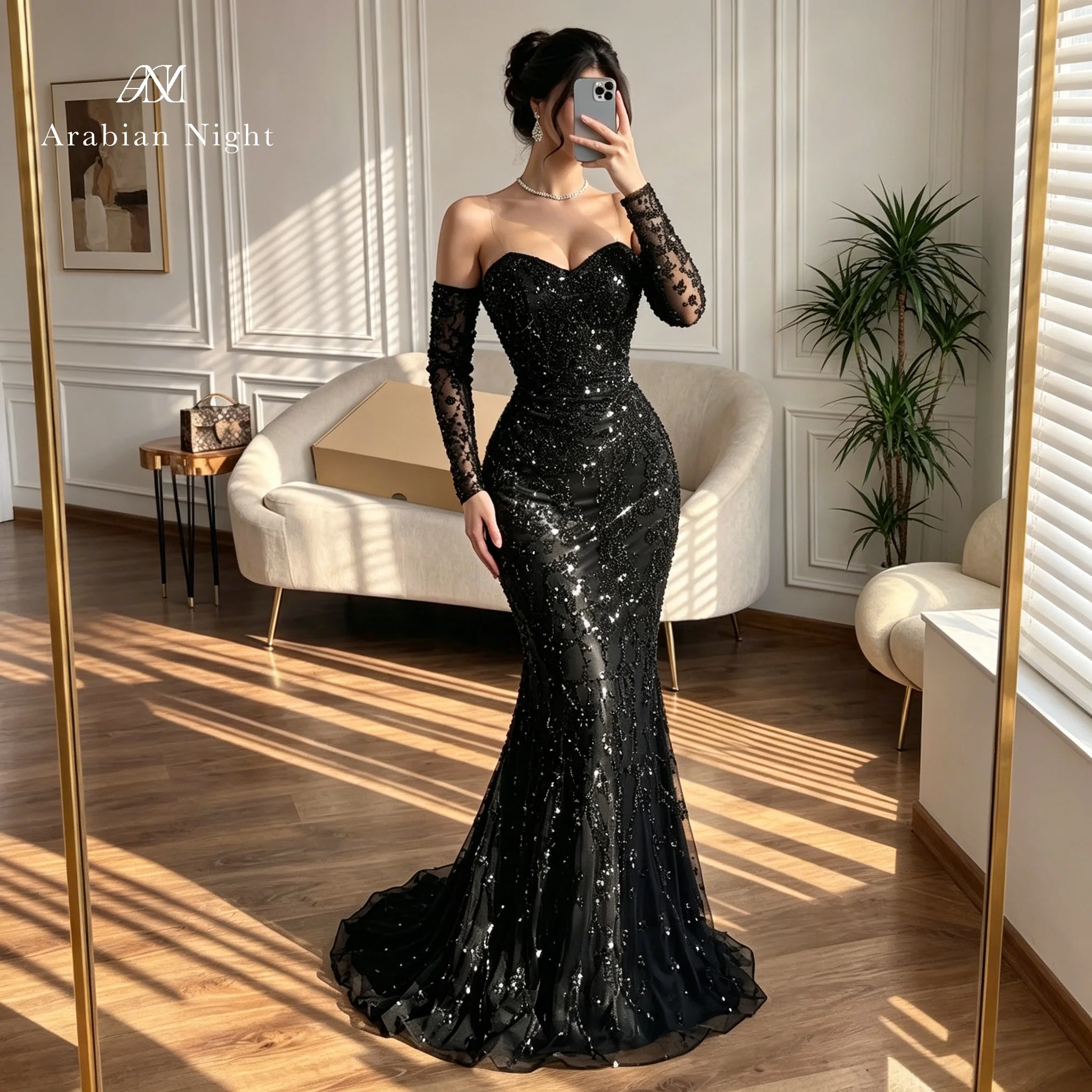 

Classic Black Fishtail Gown Floor Length Embroidered Evening Dress for Dinner Parties And Grand Galas