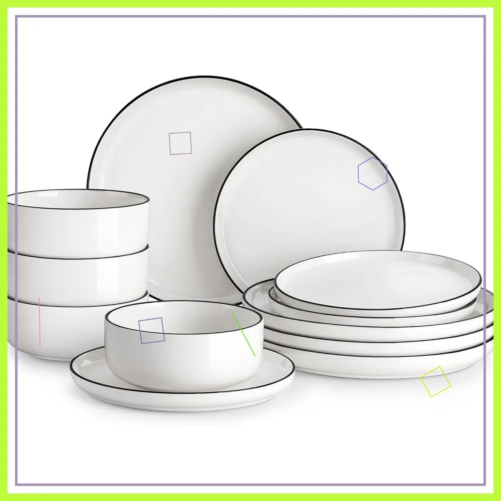 

12-Piece Modern Porcelain Dinnerware Set for 4, White with Black Rim, Microwave & Dishwasher Safe
