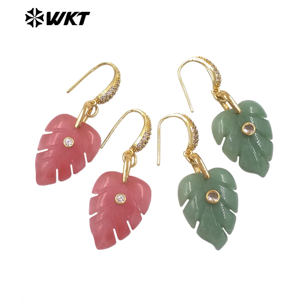 WT-E829 Vivid Exquisite Leaft Shape Turquoise And Amozonite Gemstone With Zircon Paved Hook Earrings Wholesale Jewelry