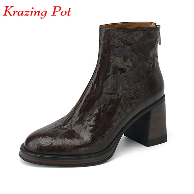 

Krazing Pot Vintage Sheep Leather Round Toe Winter Warm Modern Boots Thick High Heels Zipper Superstar Waterproof Ankle Boots