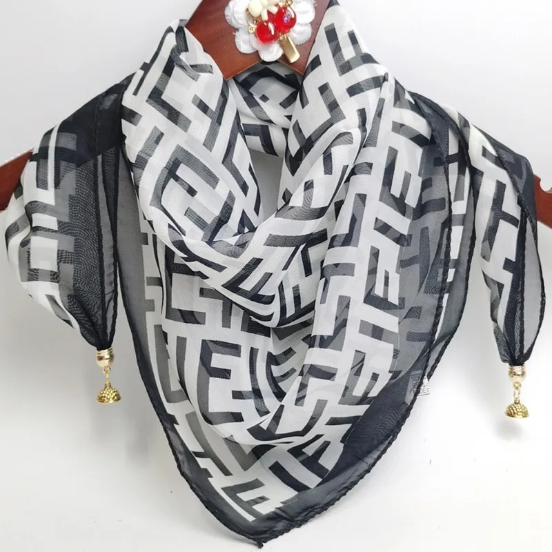 Magnetic Zipper Chiffon Scarf with Golden Ball Necklace Pendant Fairy New‑Design Sun Protection Scarf for Daily Wear