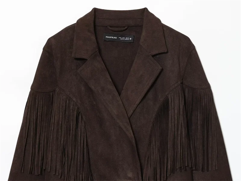 Chaqueta de mujer 2025 otoño nuevo estilo marrón oscuro de manga larga de gamuza con flecos Chaqueta corta estilo motociclista moderno y a la moda