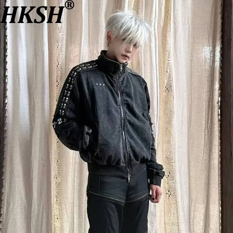 HKSH Spring Autumn New Men's Tide Chic Ins Punk Heavy Washed Vintage Printed Patchwork Subculture Silhouette Sweatshirt HK26402