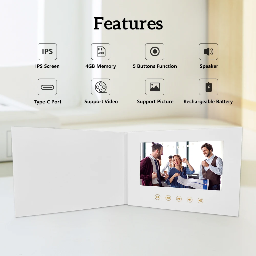 7 inch Birthday Gift Video Book 4GB LCD Wedding Invite Greeting Card Upload Video Photo Music 5 Button Mailing Box Digital Frame