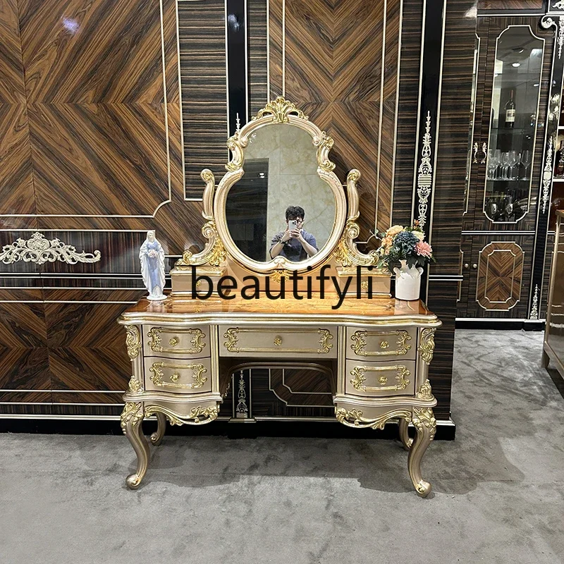 

A26 French luxury dresser stool combination, European court solid wood carving flower curved dressing table veneer dressing tabl