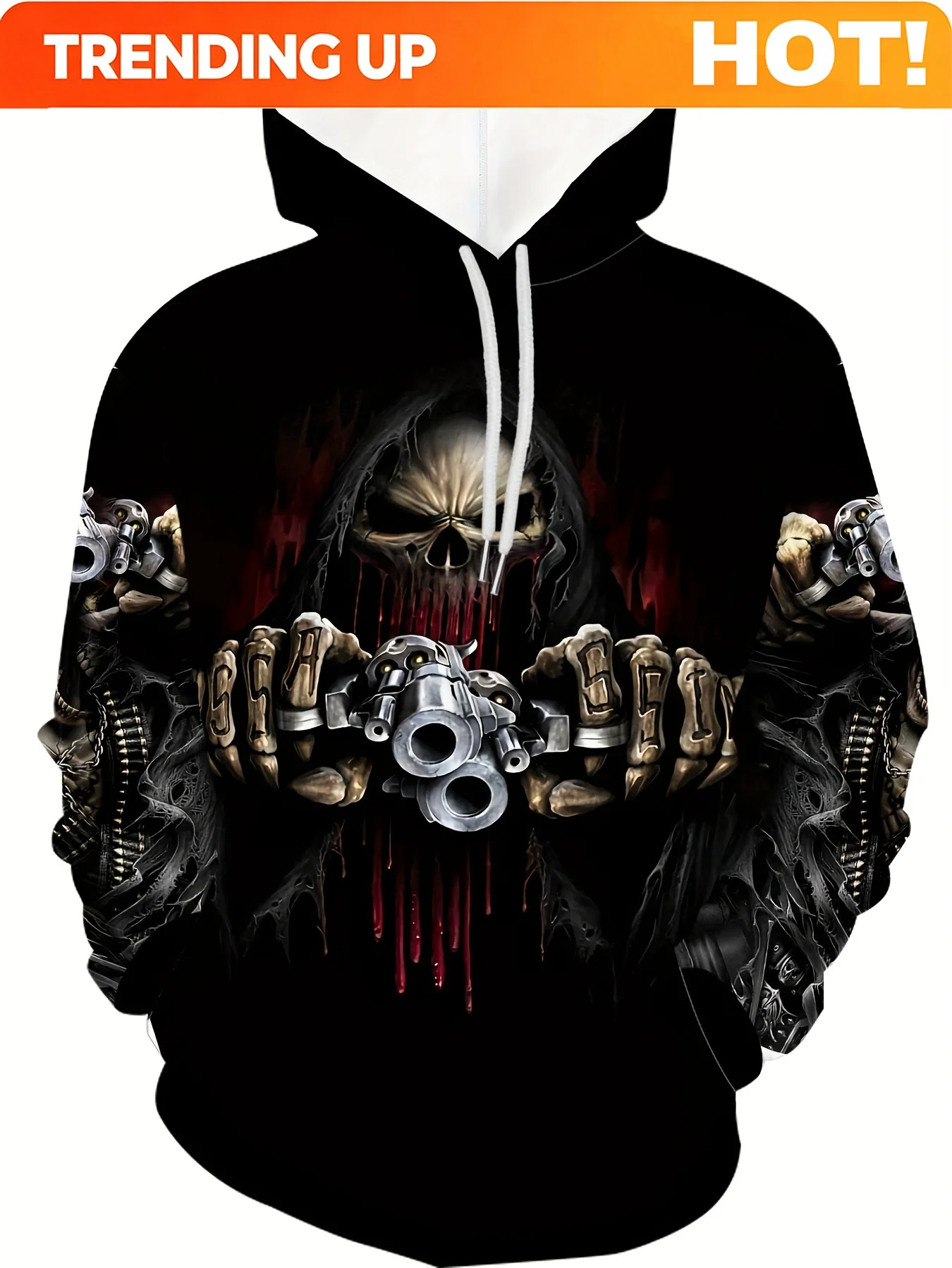 Customization Skull With Raised Gun HD Pattern 3D Printed Hoodie, Men's Casual Stretch Hooded Sweatshirt, Autumn/Winter Sportswe