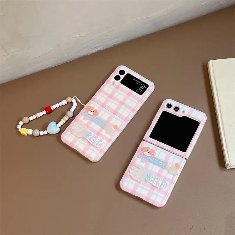 Dog Spoon Pink Plaid Phone Case for Samsung Galaxy Z Flip 6 5 4 3 Protective Back Cover for ZFlip4 ZFlip5 ZFlip6 Case