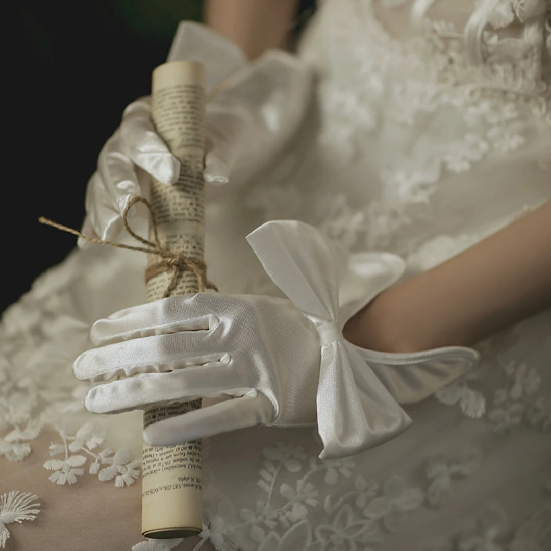 

1 пара свадебных перчаток для церемонии, аксессуары для свадебного платья, короткие перчатки ручной работы с бантом из атласа