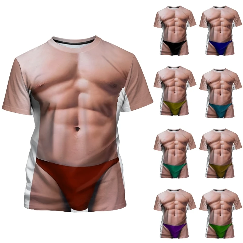 Unisex 3D Fake T Shirts Shredded Chest Printed Short Sleeve Costume Novelty Halloween Muscle Print Tees Shirt Y1AC