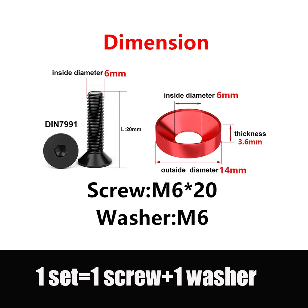 M6 Colorful Aluminium Alloy Washer DIN7991 Hex Bolt Kit for Spherical Conical Fender for Bumper Engine Modification Washer Screw