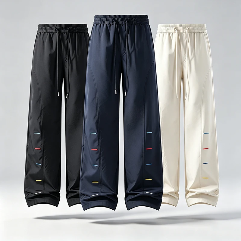 Bunte Herrenhose mit Ziernähten, weitem Bein, elastischem Bund, Kordelzug, lockerer, gerader Schnitt, lässige Streetwear-Sport-Hose – Detail 3