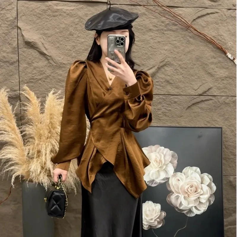 

Пуловер, однотонная рубашка с v-образным вырезом и длинными рукавами, весенне-осенняя французская рубашка с завязками на талии для женщин