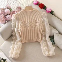 Super Fairy Bubble Sleeve Mesh Stitching Crew Neck Tight Slim Short Women's Fashion Sweater T-shirt