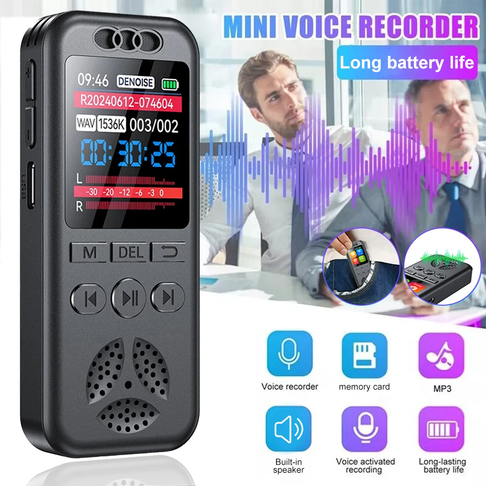 128GB Digital Voice Recorder 1536KBPS Professional Sound Dictaphone Voice Activated Audio Recording WAV MP3 Player for Meeting