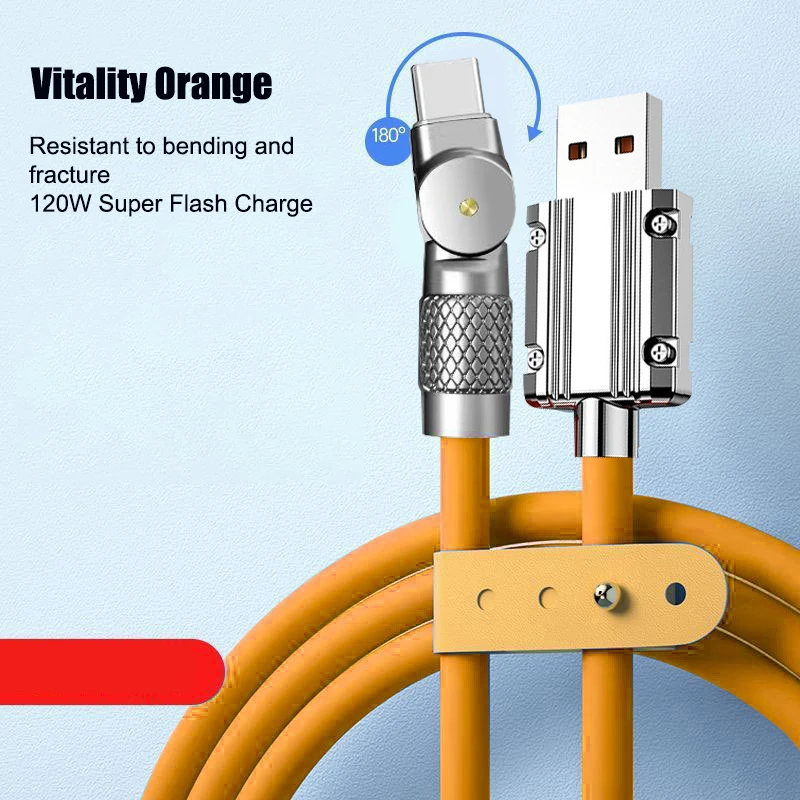 

High-Speed 120W USB Type C Cable With 180 Degree Rotary Elbow 6A Super Fast Charging Data Cable Mobile Accessories New With Lamp