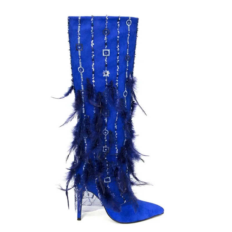 Bling Embroidery With Feather Royal Blue Knee Boots Stiletto High Heels Pointed Toe Roman Stage Performance Boots Zipper Woman