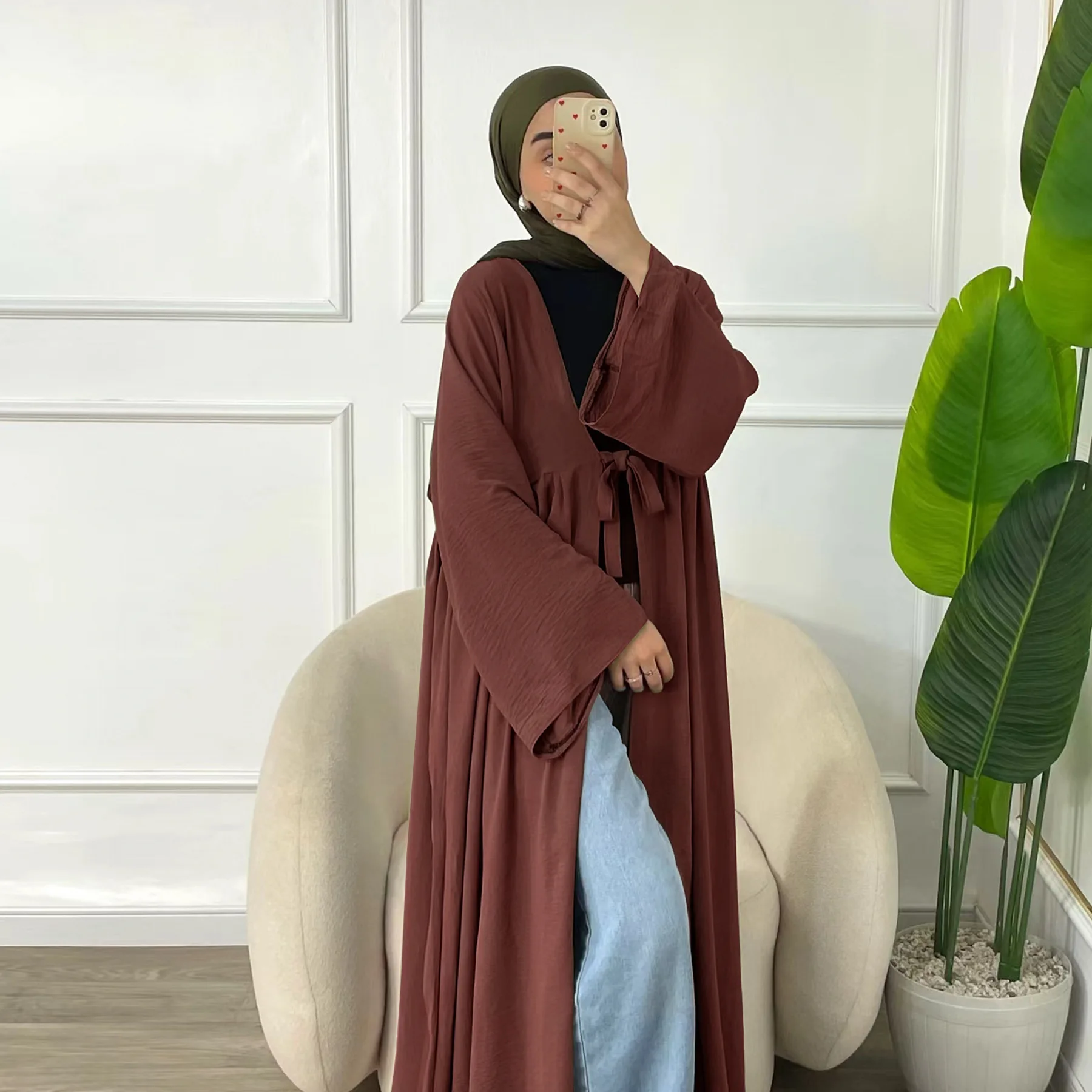 Casual Muslim Fashion Abaya Party Lace-Up Cardigan Robe Turkey  Autumn Woven Loose Fit Solid Pattern Dubai Dress