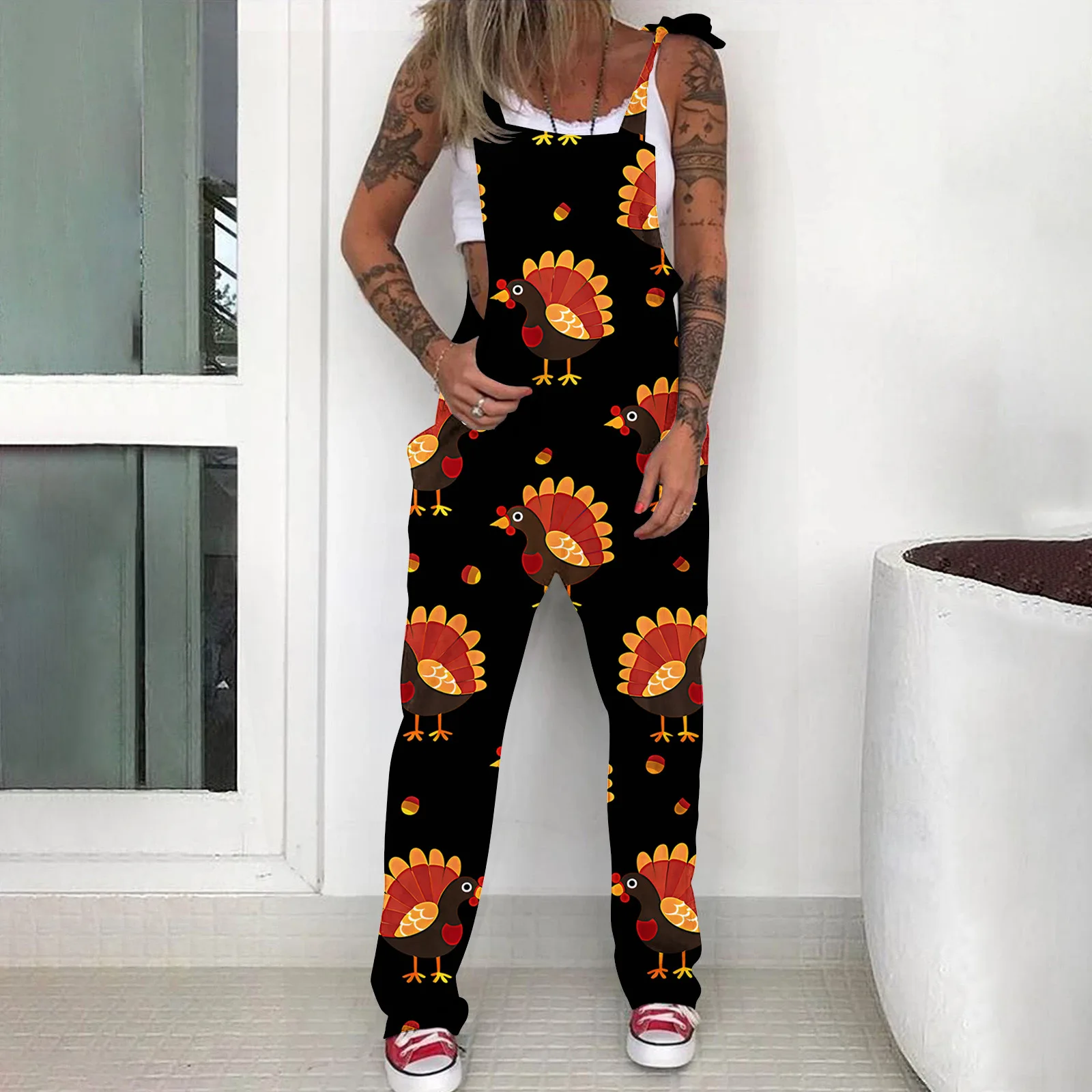 Women Halloween Theme Printed Rompers Classic Comfy Loose Straight Overalls Jumpsuits Daily Regular Button Bib Pant Rompers