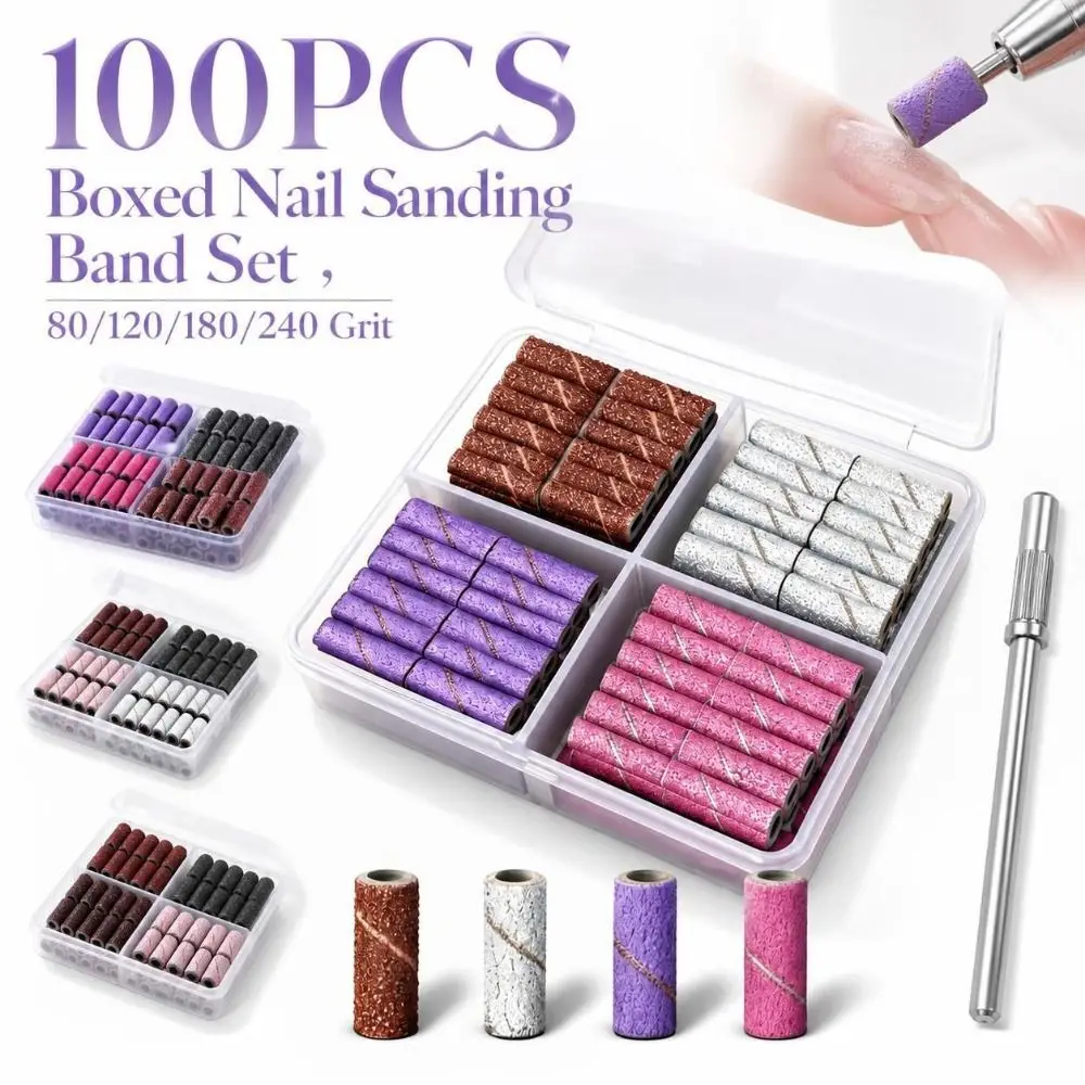 100PCS 80/120/180/240 Grit Nail Sanding Bands 3.1mm Replaceable Nail Drill Sanding Bands Durable Boxed Nail Sanding Band Set
