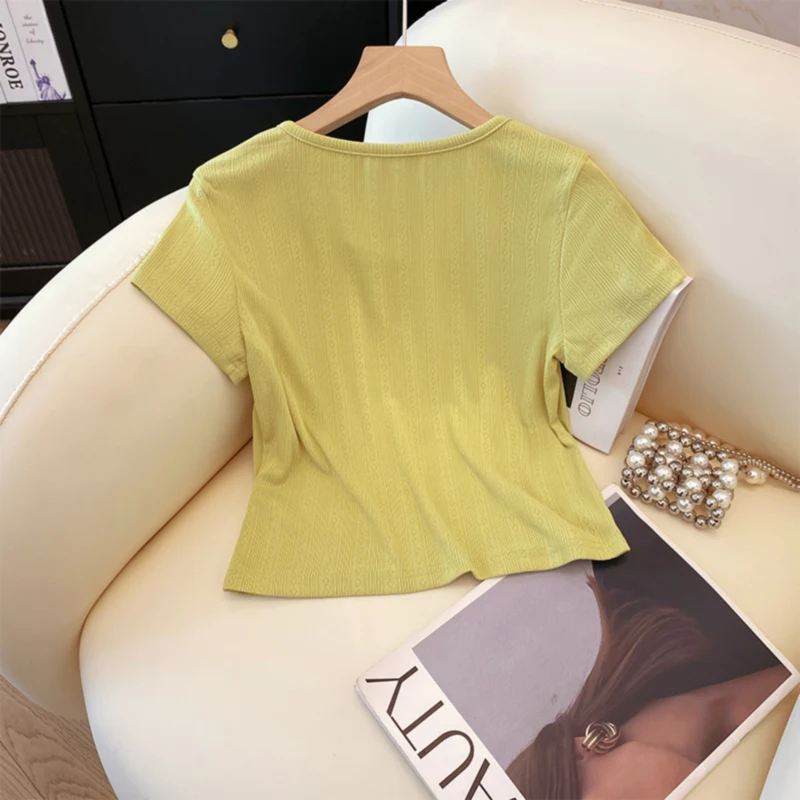 een faux deux pièces ort Sve T-irt femme coupe ajustée petite taille col carré Ele ort oulder ow haut mince