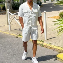 Conjuntos de ropa informal de verano para hombre, camisa lisa de manga corta con bolsillos y pantalones cortos, trajes de dos piezas de lino y algodón, novedad de 2024