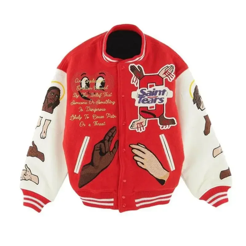 

Y2K retro red baseball jacket American men and women couple red embroidered patch baseball jacket American casual jacket