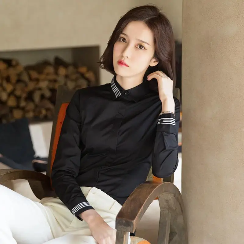 Moda feminina preto branco listrado negócios casual camisa senhora do escritório elegante chique commute blusa manga longa magro todos os jogos topos