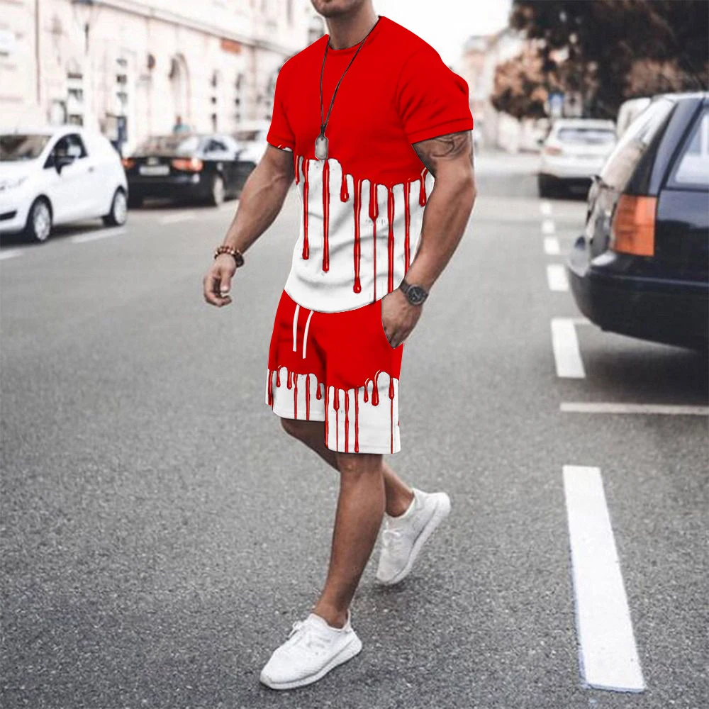 New Summer Fashion Men's 2 Piece Set Tracksuits Casual Short Sleeves Maple Leaf 3D Print T-shirt+shorts Pants Suits Male Clothes