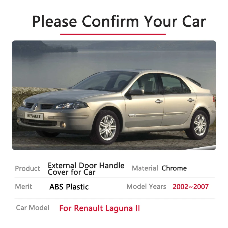 Tampa exterior do punho da porta do cromo, acessórios Rustproof, Renault Laguna II, X74, 2002, 2003, 2004, 2005, 2006, 2007, MK2