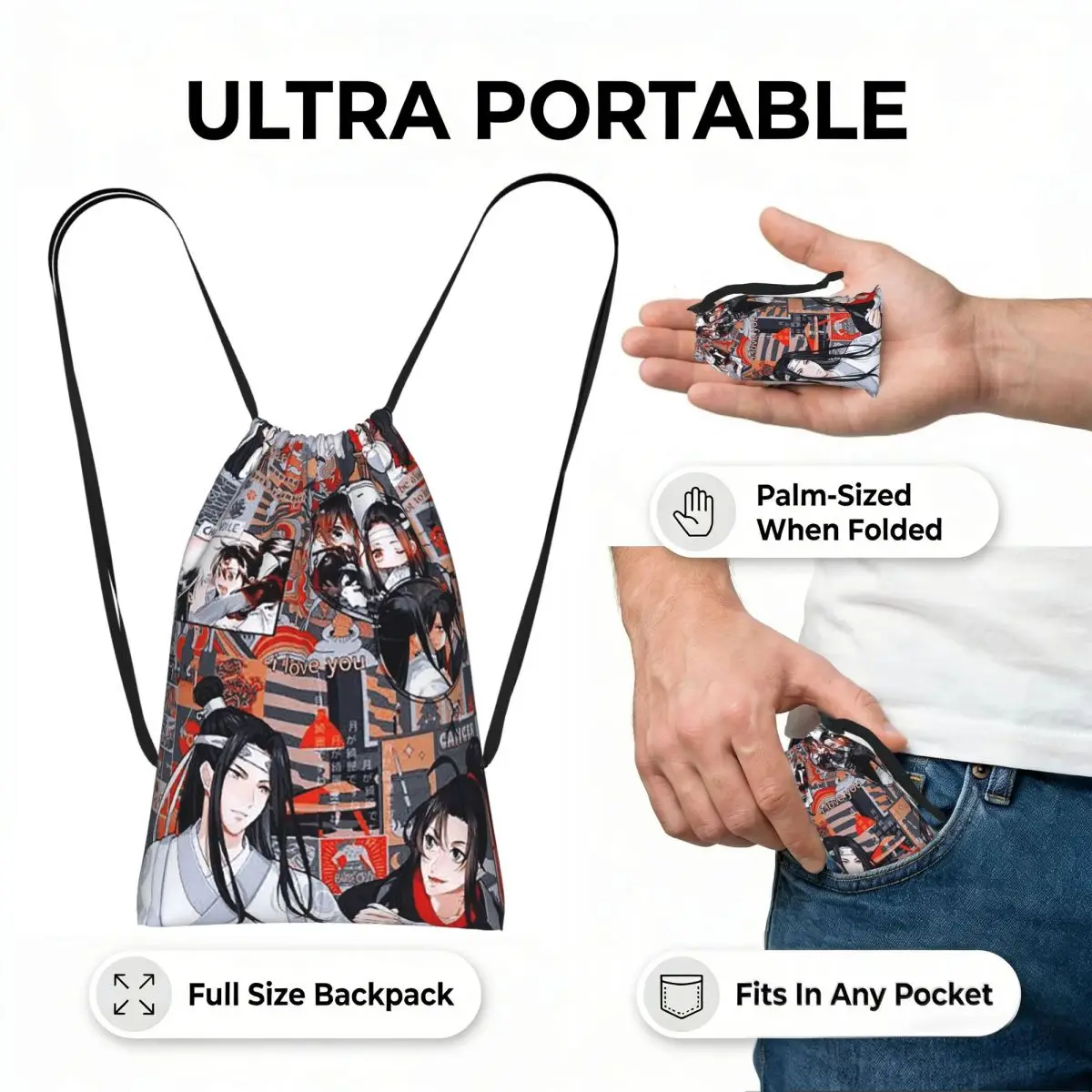The Untamed WangXian Bunny Mo Dao Zu Shi Drawstring Backpack hiking cycling Bag Portable Travel Drawstring Bag for Men Women