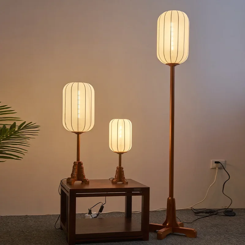 New Chinese Style Floor Lamp Homestay Sofa Study Living Room Bedroom Vintage Solid Wood Led Desk Light Bedside Lighting Decor