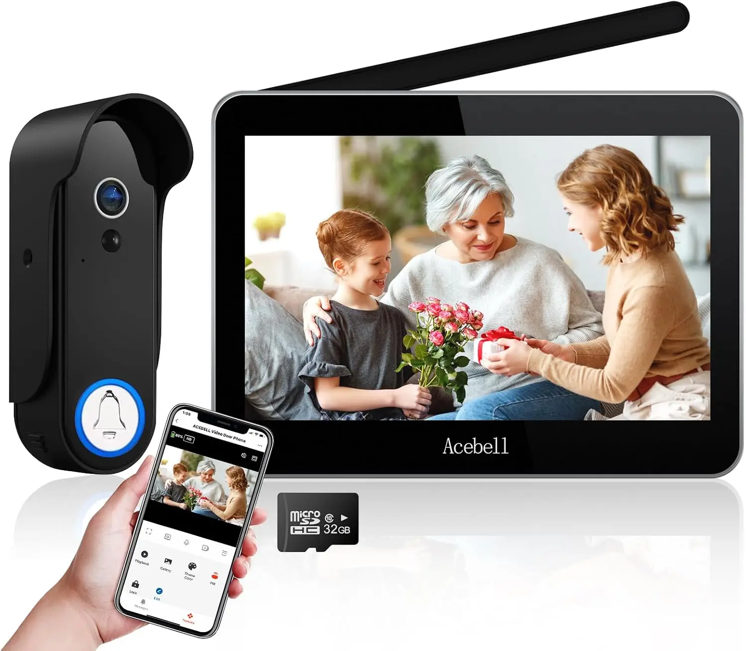 

Беспроводной умный видеодомофон с 7-дюймовым сенсорным монитором, камерой 1080P, функцией обнаружения движения, без подписки